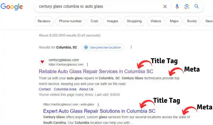 A Google search results mockup with title tag and meta description highlighted.