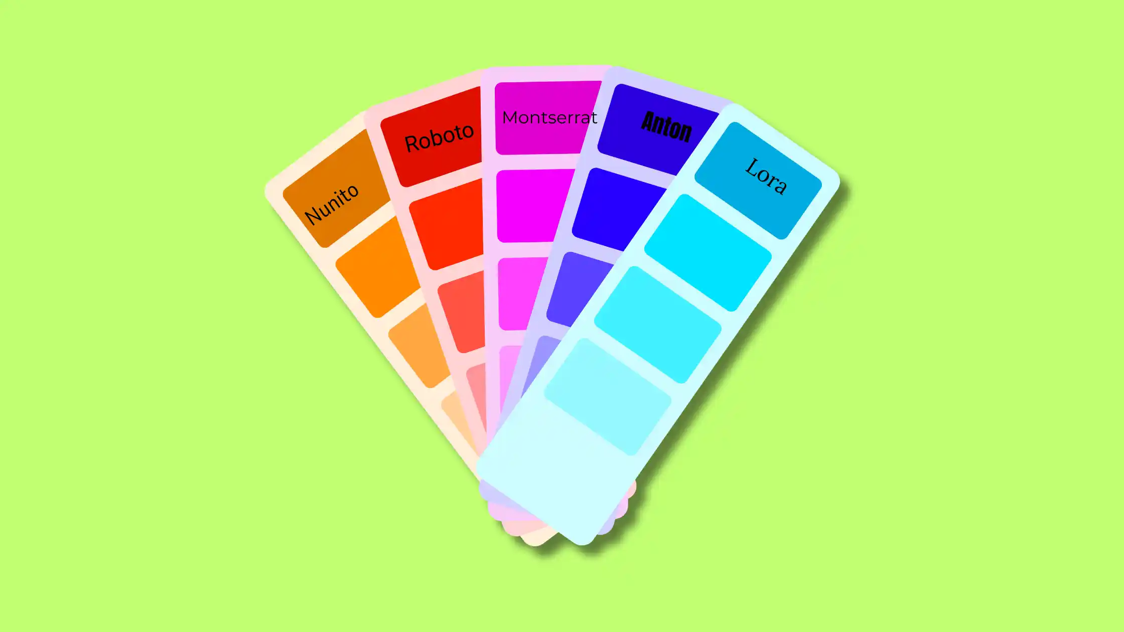A colour palette swatch, font samples, arranged.