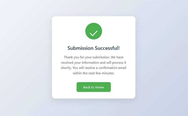 A contact form being submitted with a green success message, and an inbox showing the email arrived.