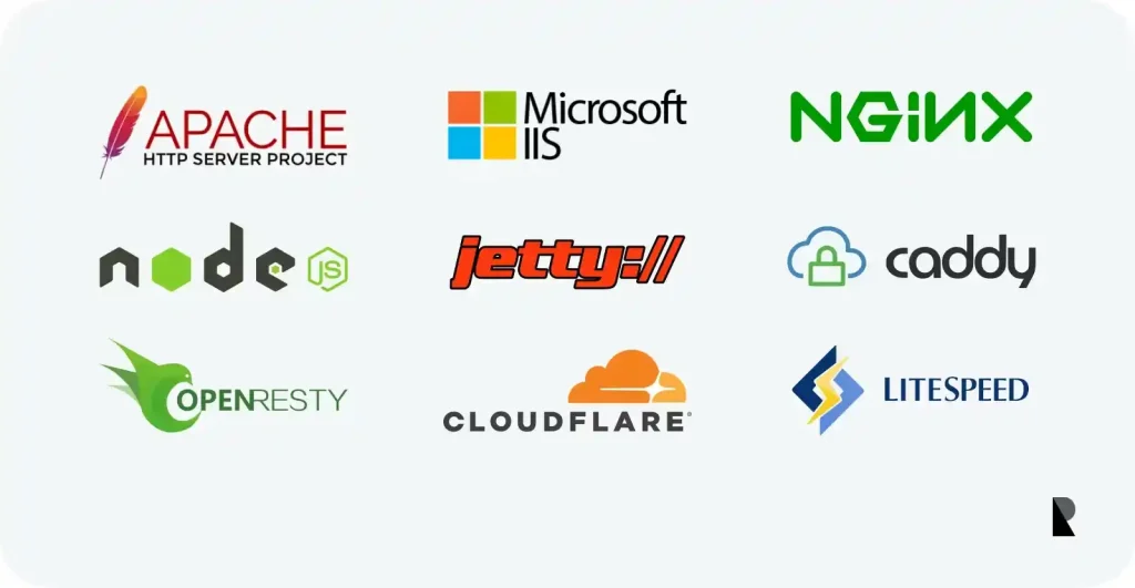  logos of popular web server software: Apache, Nginx, LiteSpeed, and Caddy