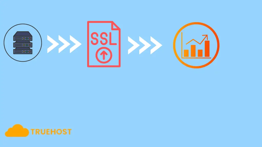 hosting server, SSL padlock, analytics chart with truehost being recommended as the best