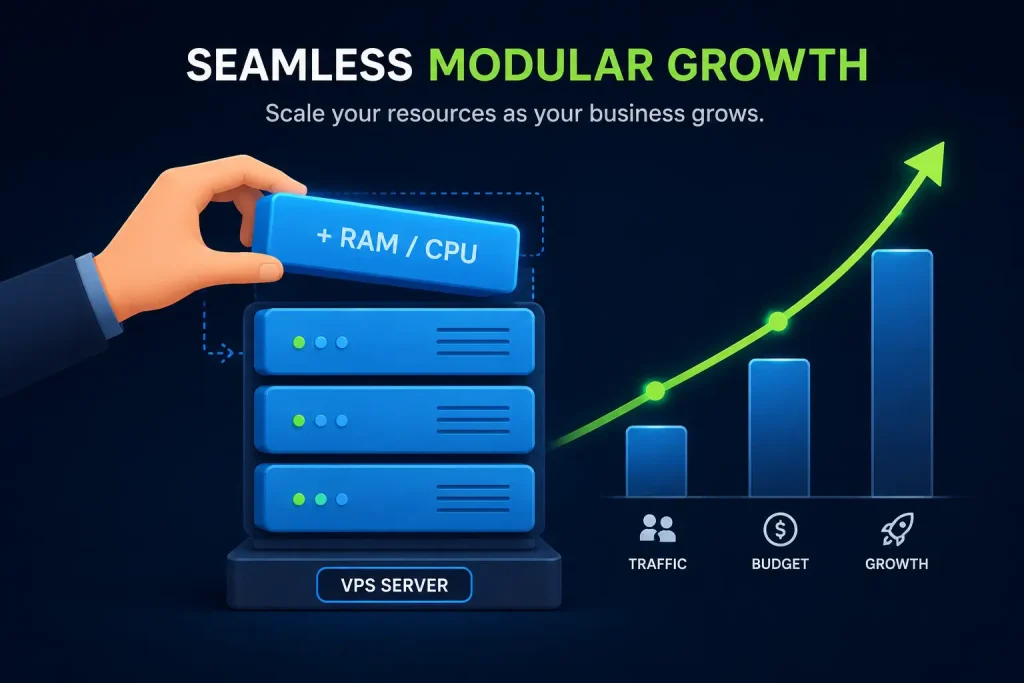 Diagram showing seamless vertical scaling of RAM and CPU on a virtual private server.