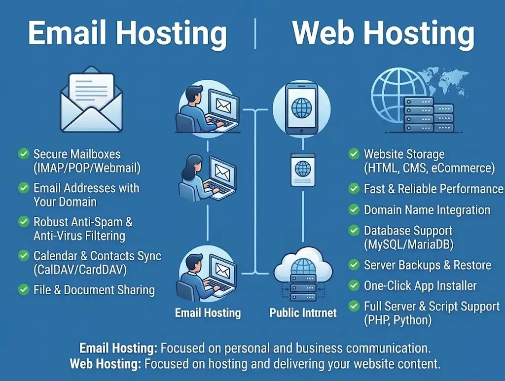Email Hosting vs Web Hosting: Can You Get Both in One Plan? 1 Email Hosting vs Web Hosting: 5 Main Differences
